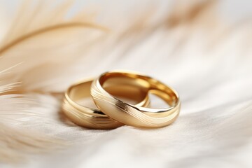 wedding rings on a feather light soft background, wedding invitation background