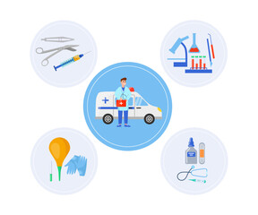 Ambulance car and medical equipment vector illustration. Doctor using stethoscope, blood sample, plaster, syringe, thermometer and gloves for first aid. Health care, medicine tools concept