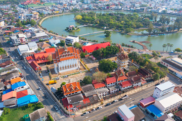 Aerial view of residential neighborhood roofs. Urban housing development from above. Top view. Real...