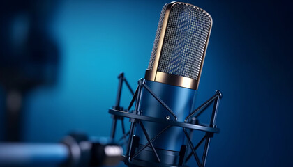 photograph of Professional microphone with waveform on blue background banner