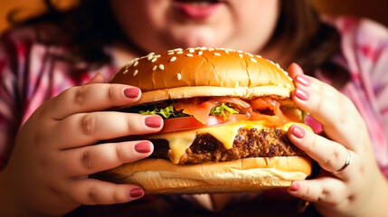 Fat woman choice eat burger or not. Adult girl eat hamburger. Big tasty cheeseburger. Adiposity problem