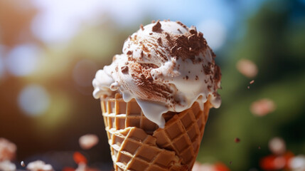 Sweet ice cream with chocolate. Ice-Cream for advertising. White cream in the form ball in waffle cone