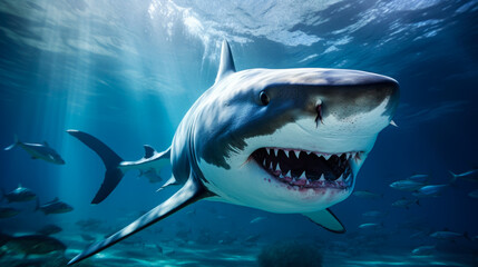 White shark with big teeth. Wild fish Attack. Captured underwater.