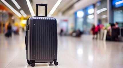 Black suitcase in airport. Luggage in therminal. Case with wheels and handle.