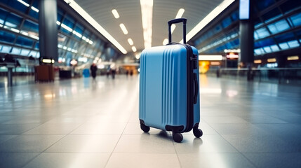 Single blue suitcase in airport. Luggage in therminal. Case with wheels and handle.