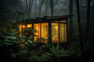 exterior view of a tiny home amidst a verdant forest, cool morning mist, tiny home's warm lights glowing