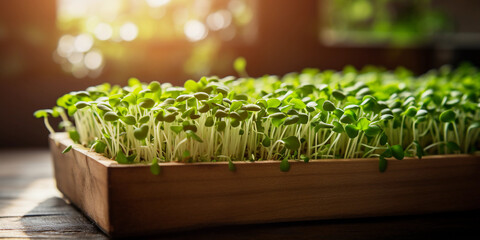 Elevated perspective of a tray full of growing microgreens, bright and fresh, on a rustic wooden table, soft daylight