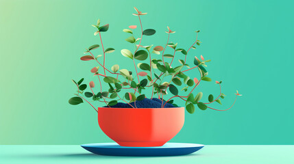 Minimalistic pop art illustration of microgreens growing in a geometric pot, bright and bold colors, on a pastel blue background