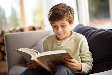 Happy kid sits on couch at home and reads book with enjoy and interest. Back to school, education, learning, reading, lifestyle concept