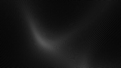 Abstract background with wavy surface made of white dots on black. Grunge halftone background with dots. Abstract digital wave of particles. Futuristic point wave. Technology background vector