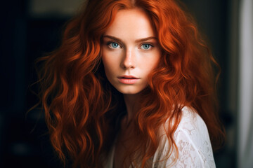 Fototapeta premium Portrait of a beautiful red-haired woman, the concept of youth and a beautiful hairstyle