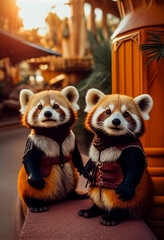 Cute red pandas on the background of Disneyland. AI Generated - obrazy, fototapety, plakaty