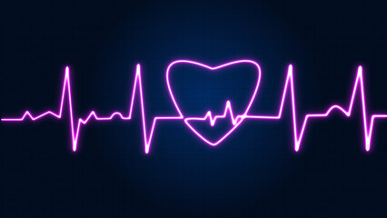 Bright purple neon heartbeat with love shaped isolated on grid background. Medical concept and ecg pulse line graph
