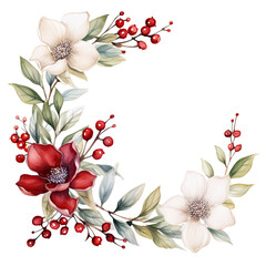 Watercolor red and white flowers leaves berries and tree branch forming a Christmas frame on a transparent background