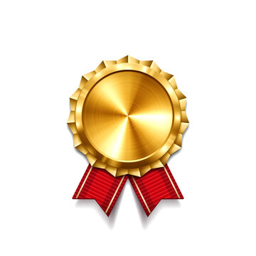 Gold medal with red ribbon. Metallic winner award. Vector illustration.