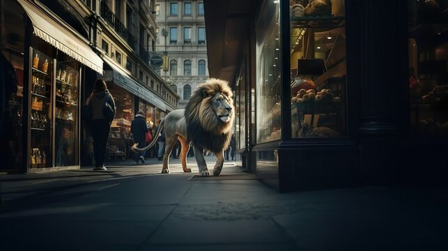A photo of a magnificent Lion confidently passing Stores in a City