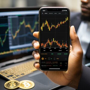 "Create a realistic composite image that seamlessly blends a close-up view of a Bitcoin gold cryptocurrency trading chart displayed on a smartphone (resolution 800x534 pixels) with a background or adj