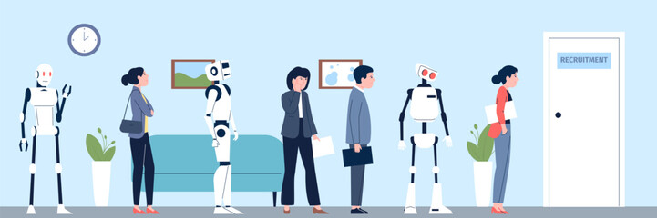 Robot and people waiting job interview in office. Robots vs human workers, digital technology progress. Competition with android recent vector concept