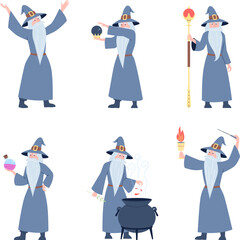 Magic character, old wizard cartoon set. Sorcerer action, medieval magician man in costume. Cute wise male with beard recent vector clipart - obrazy, fototapety, plakaty