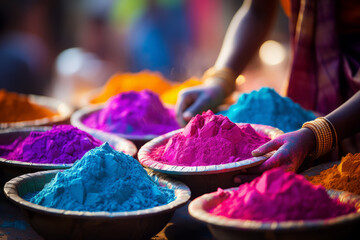 Colorful powder paints in pots at a market in India. Festival of colors in India, Holi. The arrival of spring, the victory of good over evil and happiness.  - obrazy, fototapety, plakaty