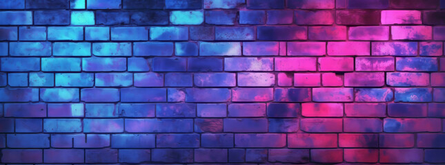Abstract gradient background for interior decoration. Explosion power design, aged brick wall surface with purple and blue neon light. 