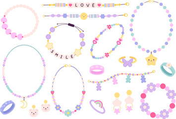 Hippy plastic beads, bracelets friendship. Diy bracelet and kids accessories. Craft handmade necklace, fashion children rings racy vector set - obrazy, fototapety, plakaty