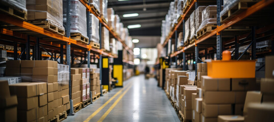An empty warehouse aisle with neatly organized shelves filled with boxes, and a forklift standing by. A scene devoid of workers, highlighting efficiency and readiness. - obrazy, fototapety, plakaty