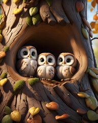 three funny cute baby owls loohing out of a hole in a trunk - generative ai