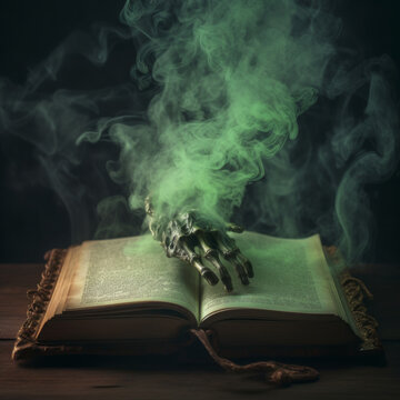 Skeleton hands on old book with green smoke. Concept of Halloween holiday, horror literature and creepy stories.