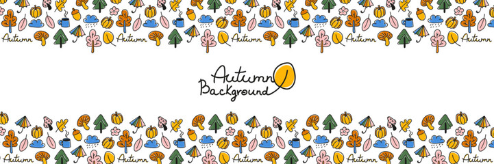Autumn doodle background. Naive childish fall symbols, leaves, mushrooms, cloud, umbrella, trees, pumpkin, acorn. Abstract season frame, banner template. Vector illustration isolated on white