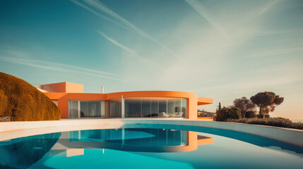 Fototapeta premium Large Modern villa, Beautiful Swimming Pool Surrounded