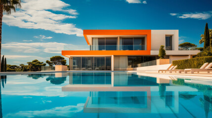 Fototapeta premium Large Modern villa, Beautiful Swimming Pool Surrounded