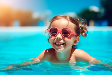 Smiling cute girl in sunglasses in the pool on a sunny day
