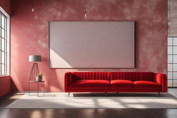 view of modern living room with red sofa side lamp and big blank portrait on the wall ai generated 
