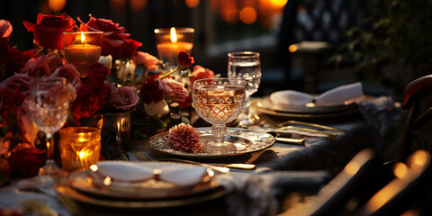 Fototapeta na wymiar Elegant table setting with beautyful flowers, candles and wine glasses in restaurant.