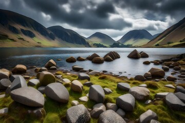 view of landscape with lake and mountains and rocks ai generated 