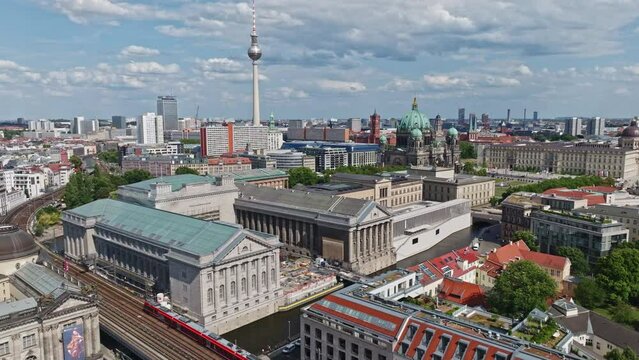 Aerial drone view of Pergamon Museum - The Panorama ( Pergamonmuseum. Das Panorama ) on the Museum Island on spree river in the historic centre of Berlin , Germany