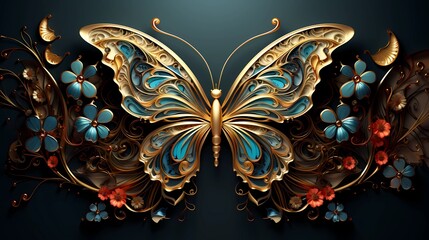 Butterfly and flowers background , ornamental jewel style relief.