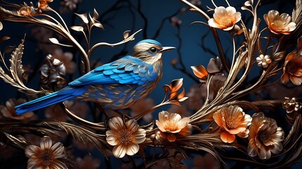 Bird and flowers background, ornamental jewel style relief.