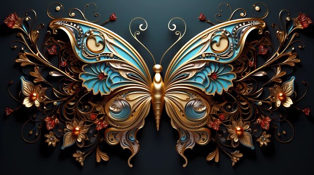 Butterfly and flowers background , ornamental jewel style relief.