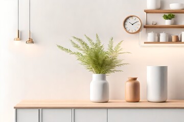 view of room plants placed on kitchen shelf and a small wall clock giving concept of modern kitchen ai generated 