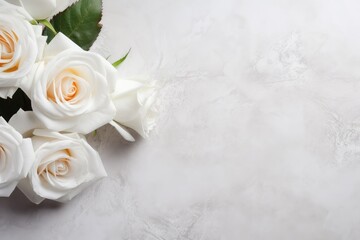 beautiful white roses and green leaves laying on marble background