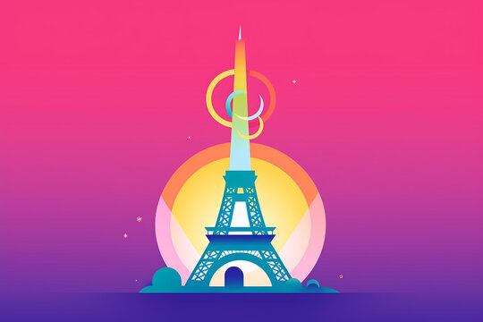 Tour Eiffel symbol design postcard Olympic games, pink background. Generative AI