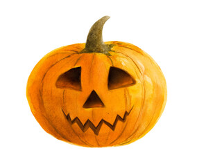 Halloween pumpkin with scary face watercolor illustration on white background. Autumn holiday print for scrapbooking, invitation, card.