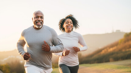 An african american couple of middle aged adults running in the morning, healthy lifestyle jogging, happy run - Powered by Adobe