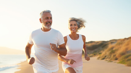 A retired couple running on the beach, healthy lifestyle jogging, happy run, mature