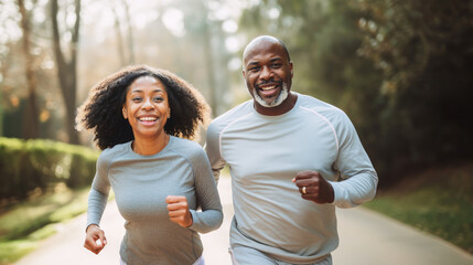 An african american couple of middle aged adults running in the morning, healthy lifestyle jogging, happy run