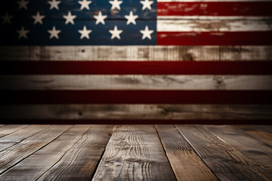American flag and wooden table background