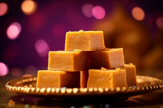 Close up of mysore pak Indian sweet prepared in ghee