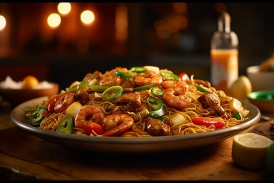 Pancit guisado, rice noodles, shredded chicken, shrimp, and vegetables Filipino food